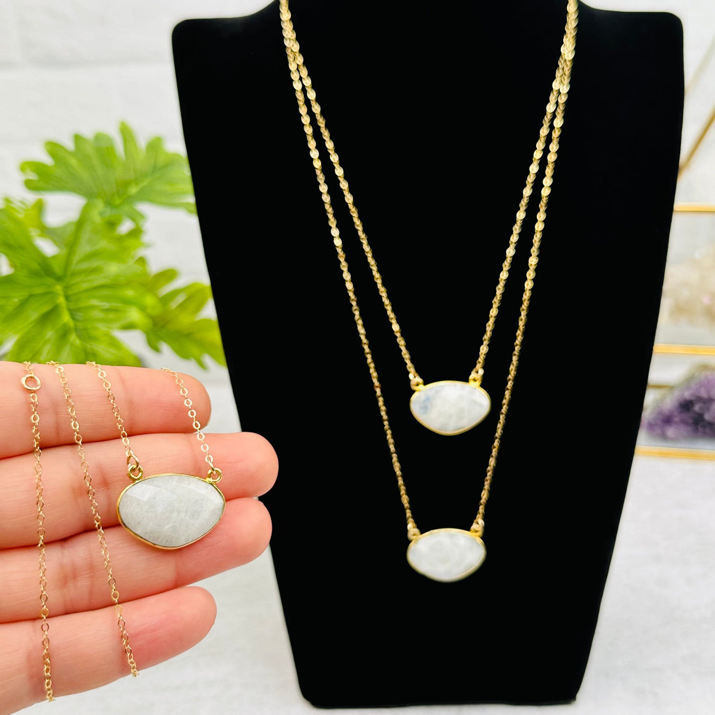 Moonstone Necklace in hand for size reference 