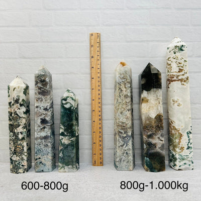 Moss Agate Tower Point - By Weight - next to a ruler for size reference 