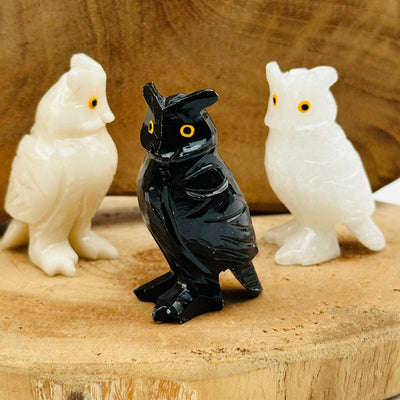 soapstone crystal owl displayed to show the differences in the color shades 