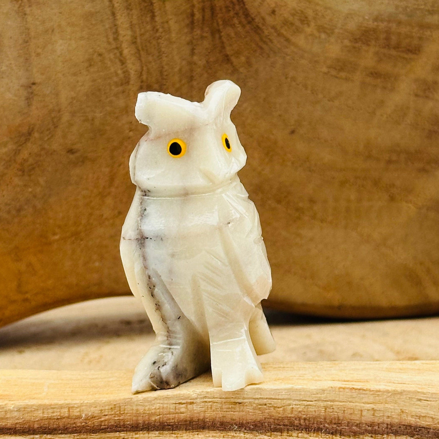close up of the details on this tan soapstone owl