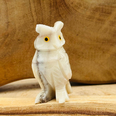 close up of the details on this tan soapstone owl