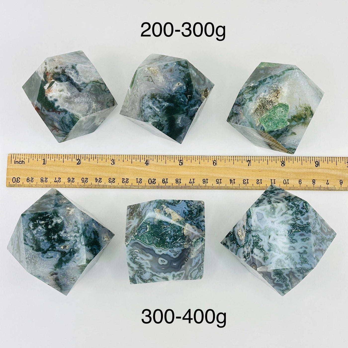Moss Agate Geometric Shapes next to a ruler for size reference 