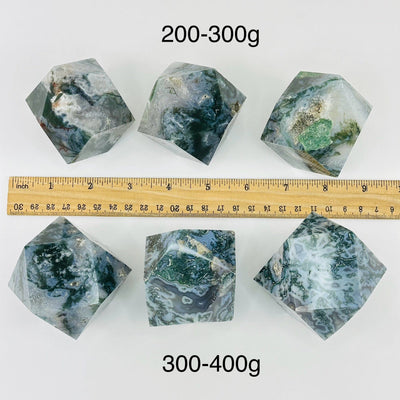 Moss Agate Geometric Shapes next to a ruler for size reference 