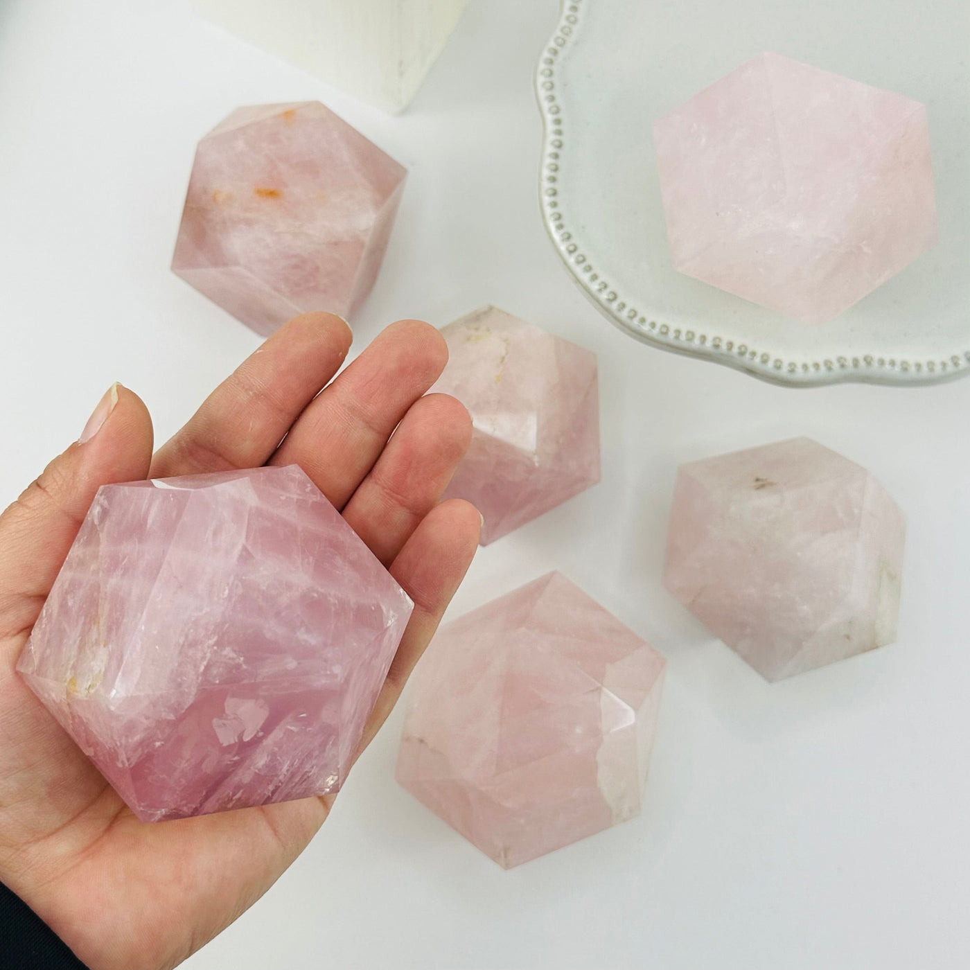 Rose Quartz Geometric Shape - By Weight - in hand for size reference 