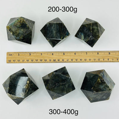 Labradorite Geometric Shape - By Weight - next to a ruler for size reference 
