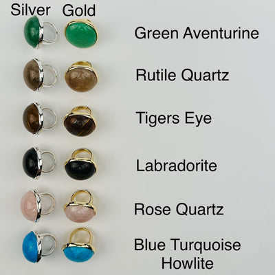 rings displayed next to their crystal name 
