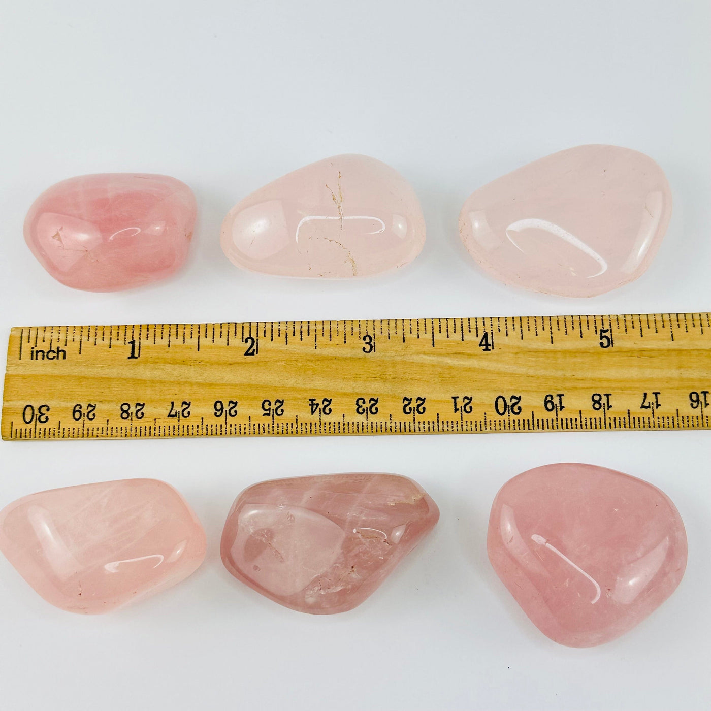 Rose Quartz Extra Quality Tumbled Stones next to a ruler for size reference 