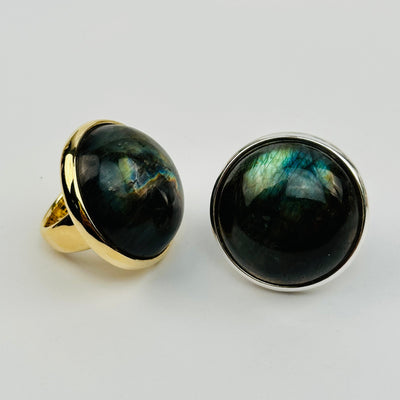 close up of the details on these labradorite crystal rings 