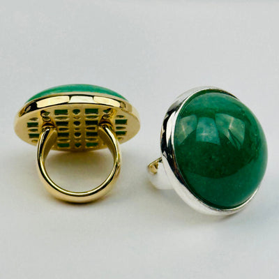 close up of the details on these green aventurine crystal rings  