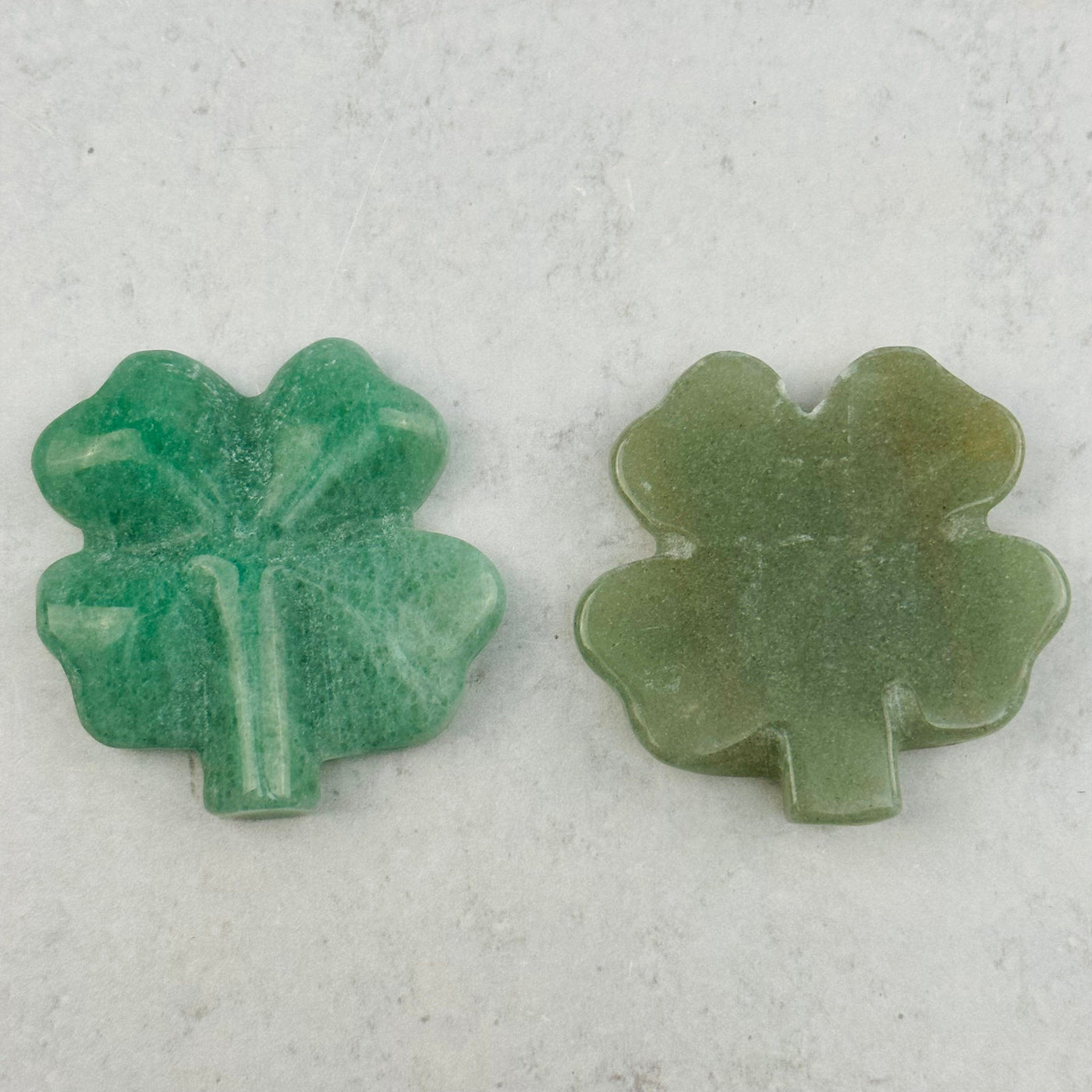 front and back view of the Green Aventurine Carved Gemstone Clovers