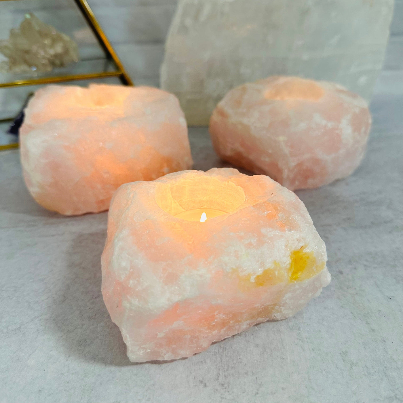 Rose Quartz Candle Holders displayed as home decor 