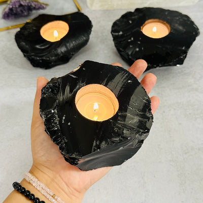 Obsidian Candle Holder in hand for size reference 