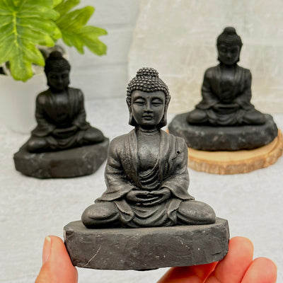 Shungite Sitting Buddha in hand for size reference 