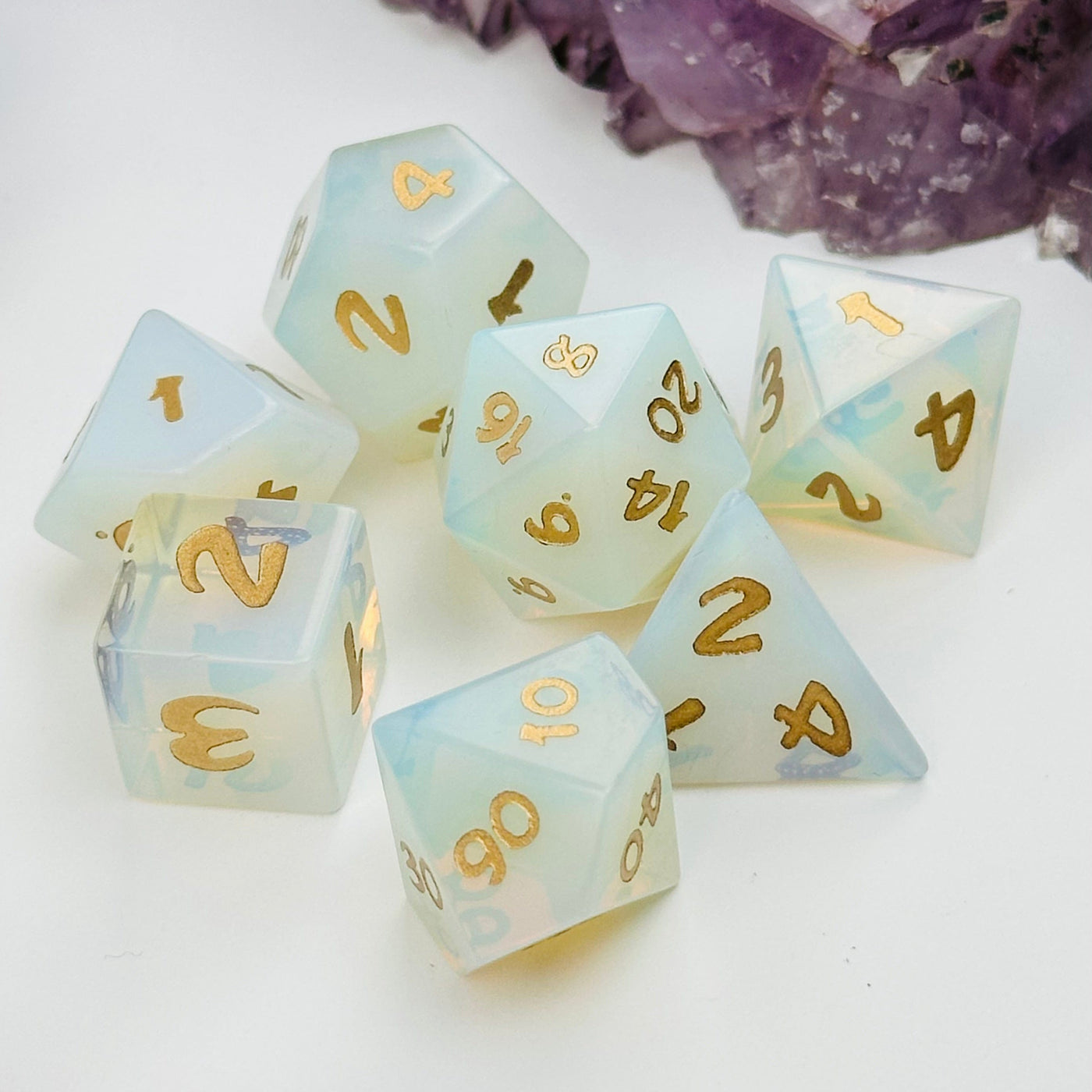 close up of the details on this crystal dice  set