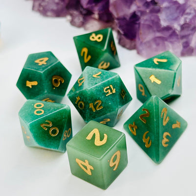 close up of the details on this crystal dice  set