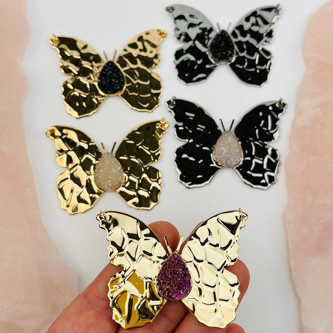 close up of the details on this Titanium Druzy Butterfly Crystal Pendant