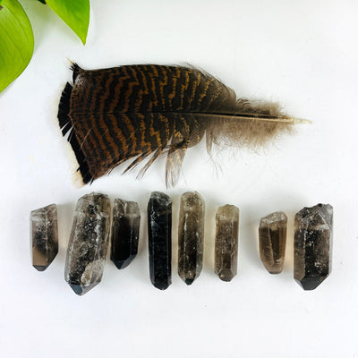 8 Raw Smoky Quartz Crystal Point Pendants lined up side by side
