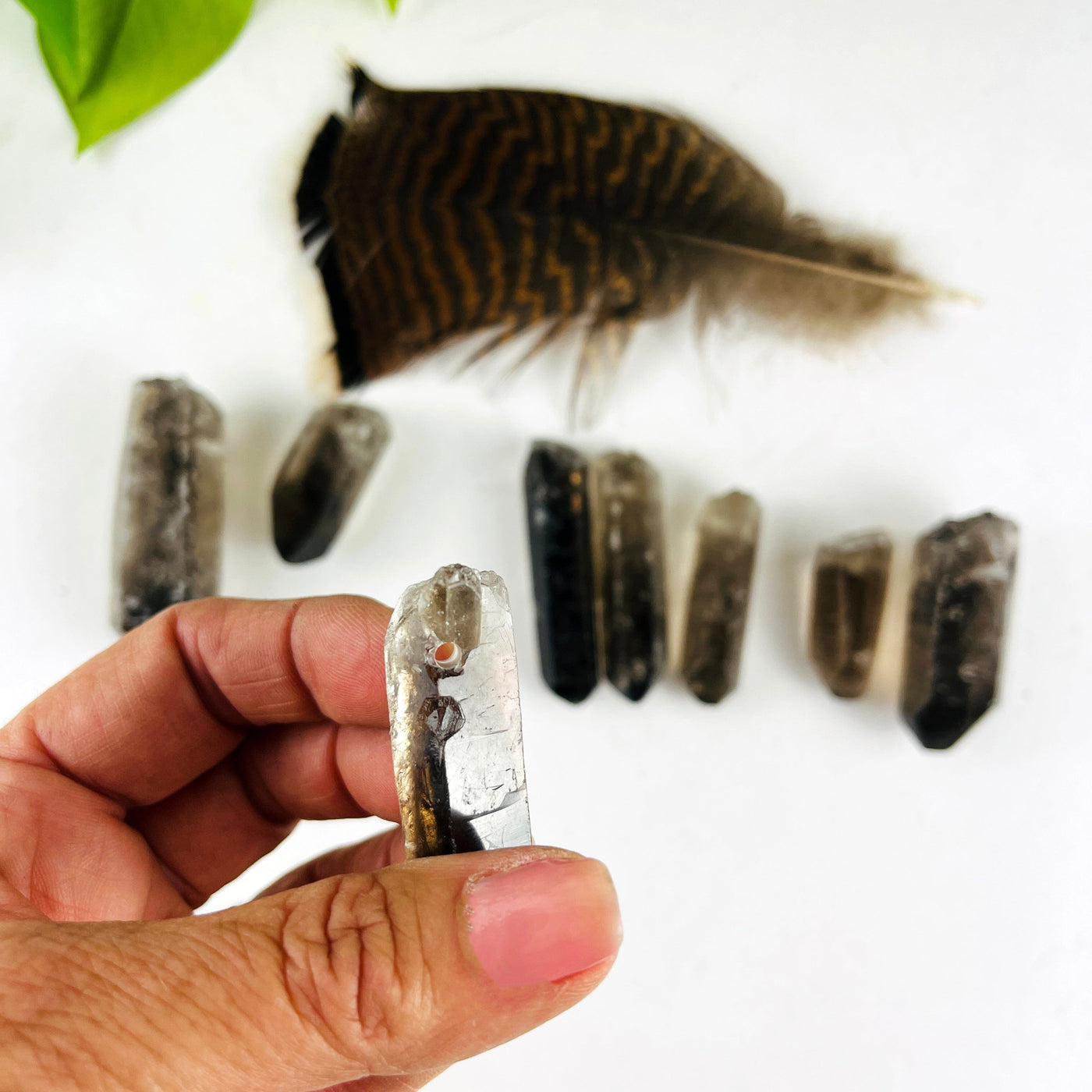 8 Raw Smoky Quartz Crystal Point Pendants and up close detail of drilled hole