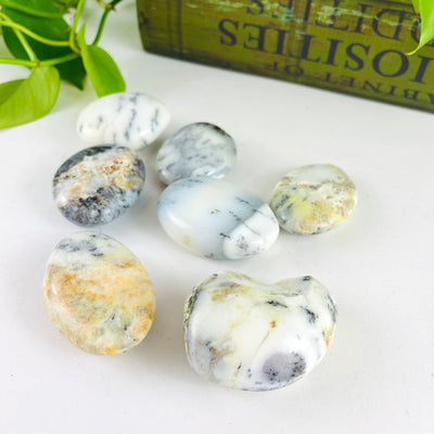 7 Dendritic Opal Crystal Polished Palm Stones from a side angle