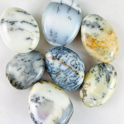 7 Dendritic Opal Crystal Polished Palm Stones up close