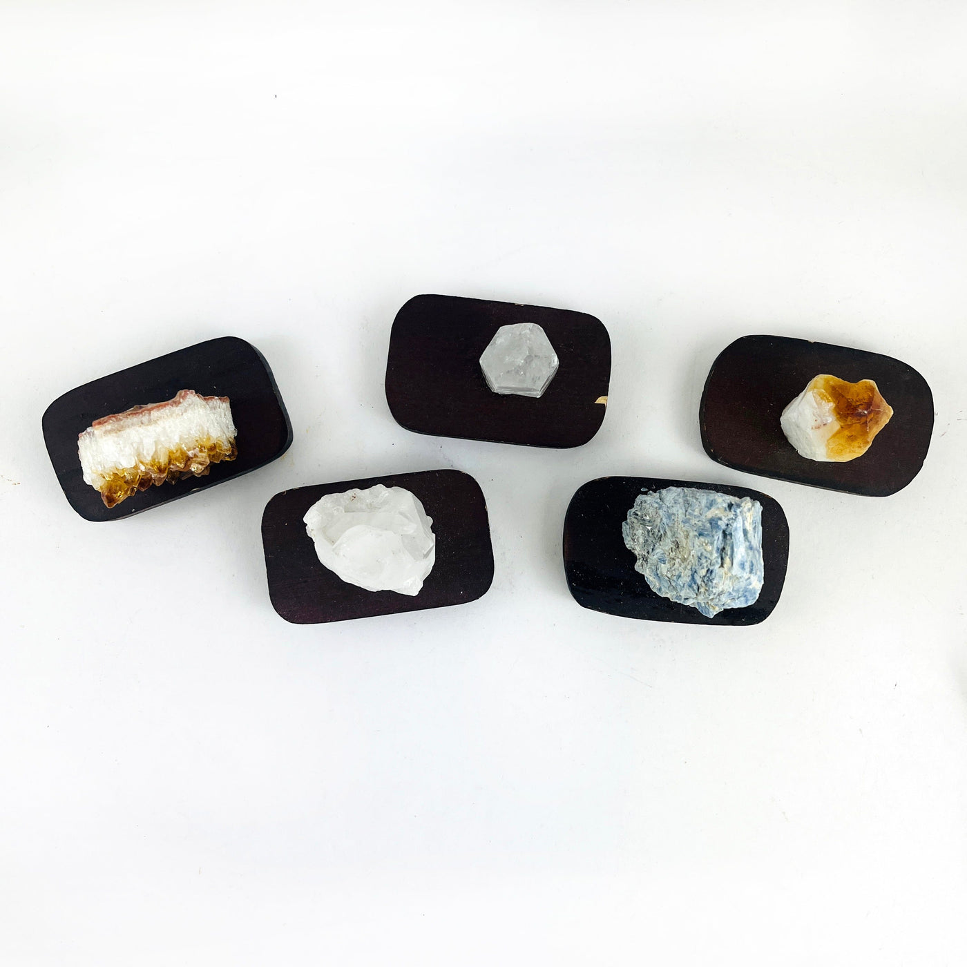 5 Crystals on Wood Base showing top view looking down