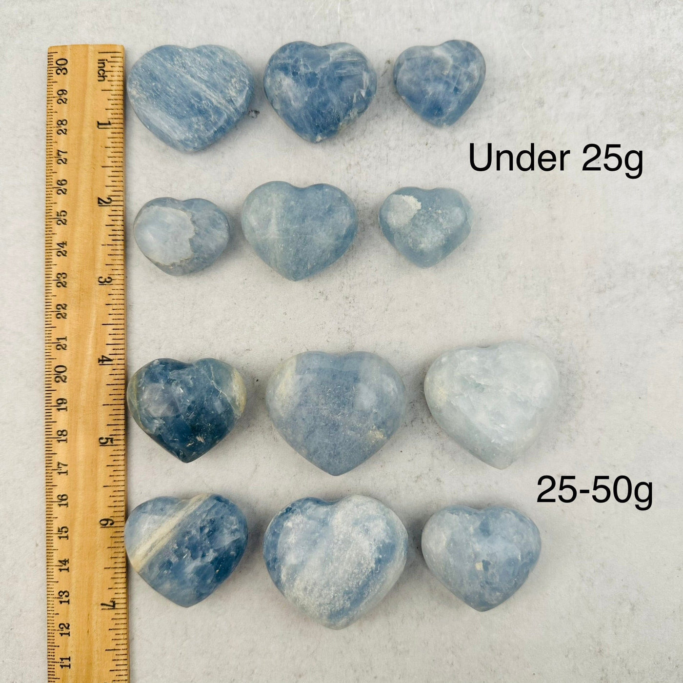 Blue Calcite Heart - CHOOSE WEIGHT - next to a ruler for size reference 