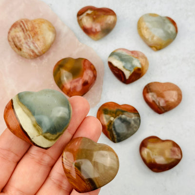 Polychrome Jasper Hearts in hand for size reference 