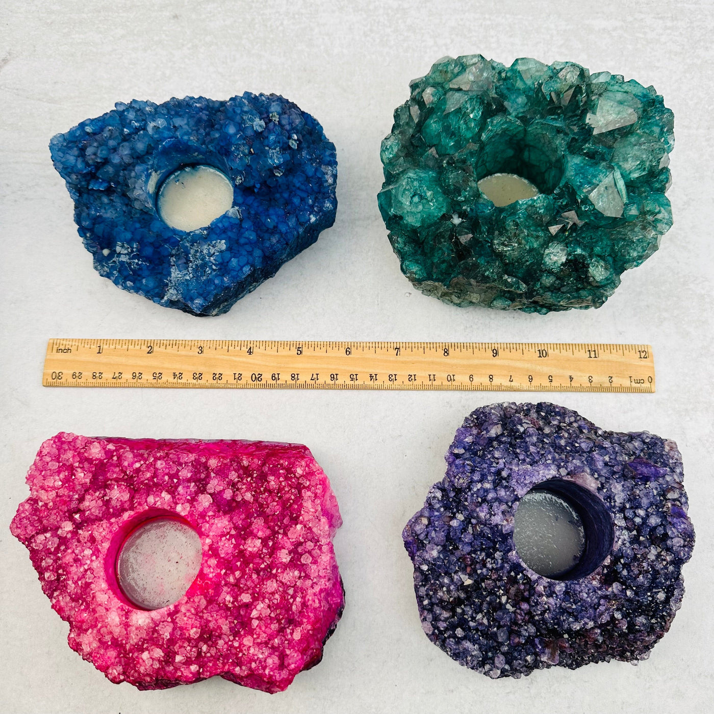 Crystal Cluster Candle Holder - Colorful Dyed Crystal Quartz - next to a ruler for size reference 