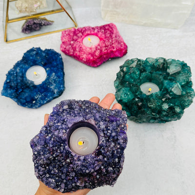 Crystal Cluster Candle Holder - Colorful Dyed Crystal Quartz