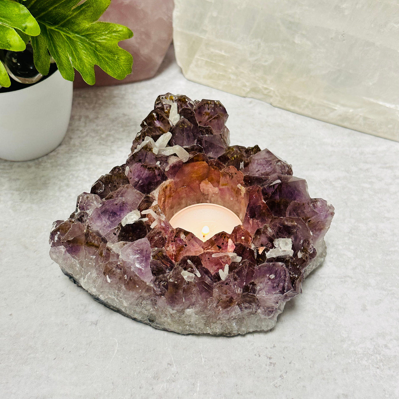 Amethyst Cluster Candle Holder displayed as home decor 