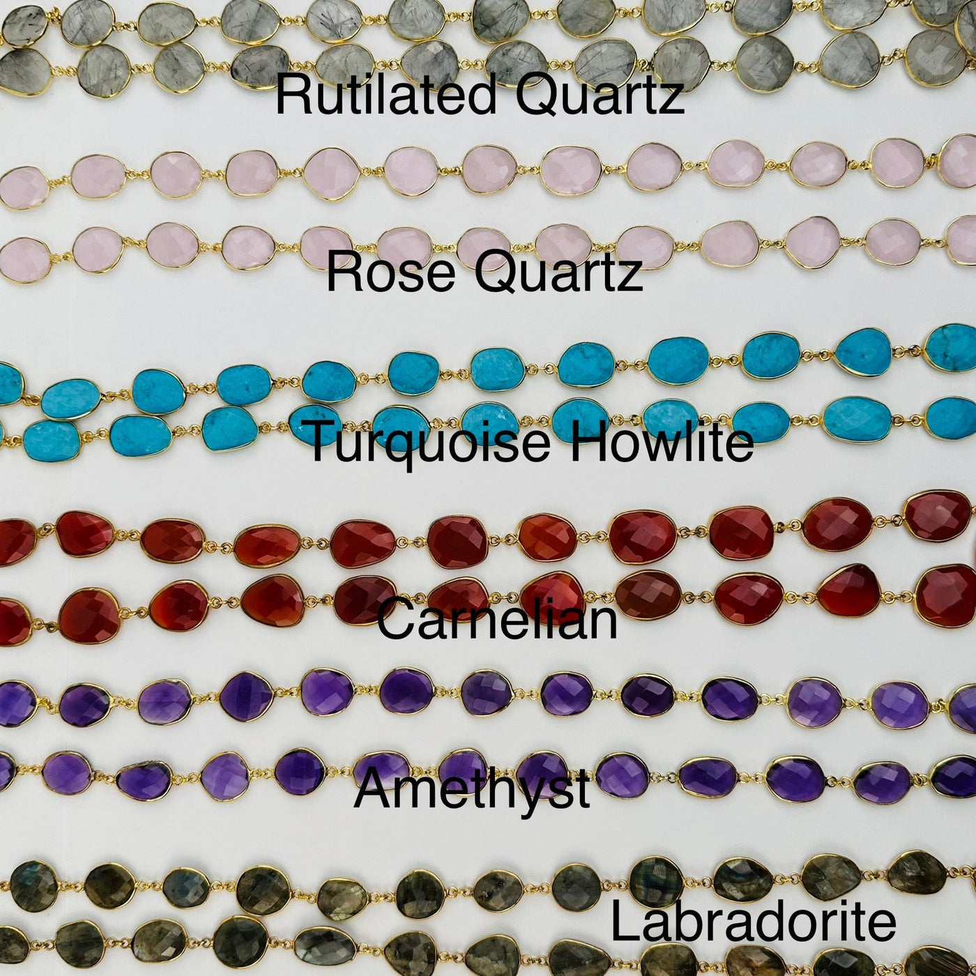 necklaces next to their crystal name 