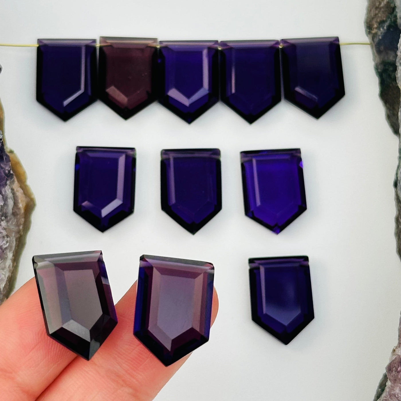 Amethyst Hydro Quartz Crystal Shield Beads on hand for size reference 