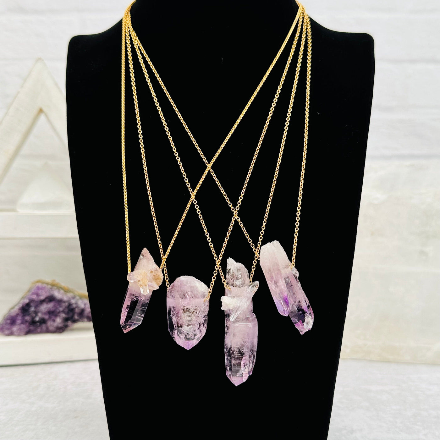 Veracruz Amethyst Necklaces displayed too show the differences in the sizes and color shades 