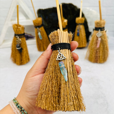 Protection Broom with Gemstone Accent Stone in hand for size reference 