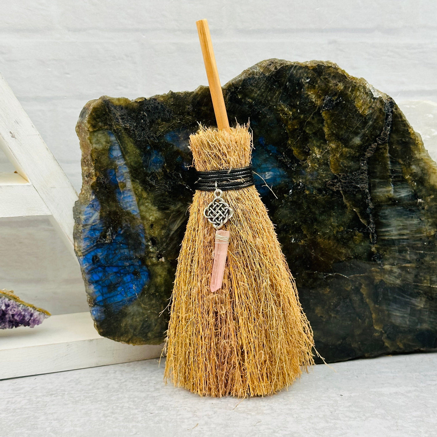 Protection Broom with Gemstone Accent Stone displayed as home decor 