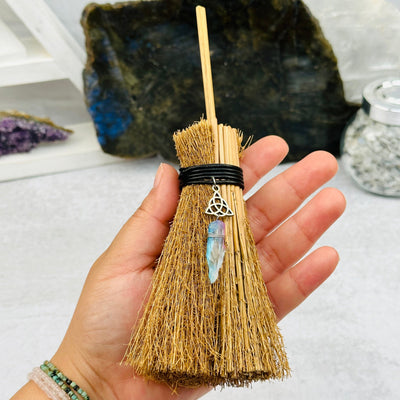 Protection Broom with Gemstone Accent Stone in hand for size reference 