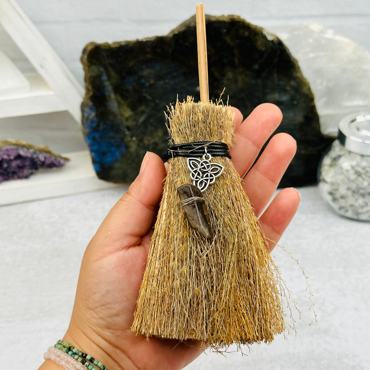 Protection Broom with Gemstone Accent Stone displayed as home decor