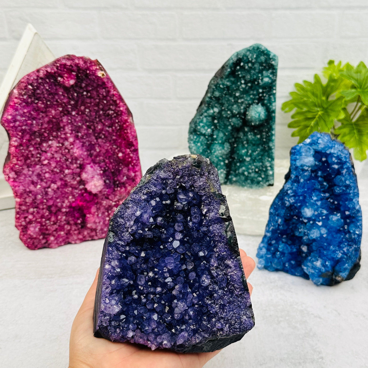 Amethyst Crystal Cluster CutBase - Colorful Dyed Crystal Cut Base in hand for size reference  
