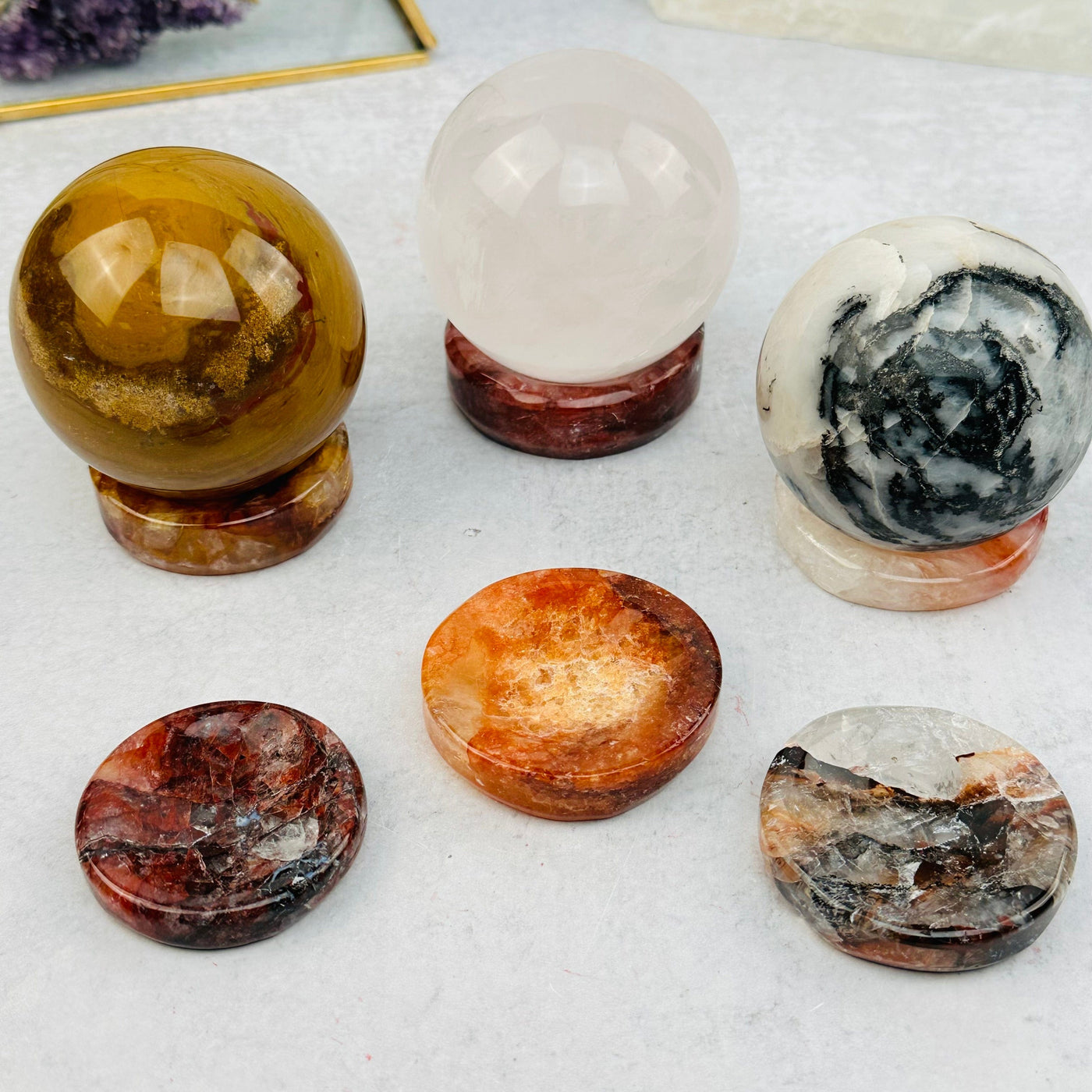 Fire Quartz Sphere Stands with and without spheres 