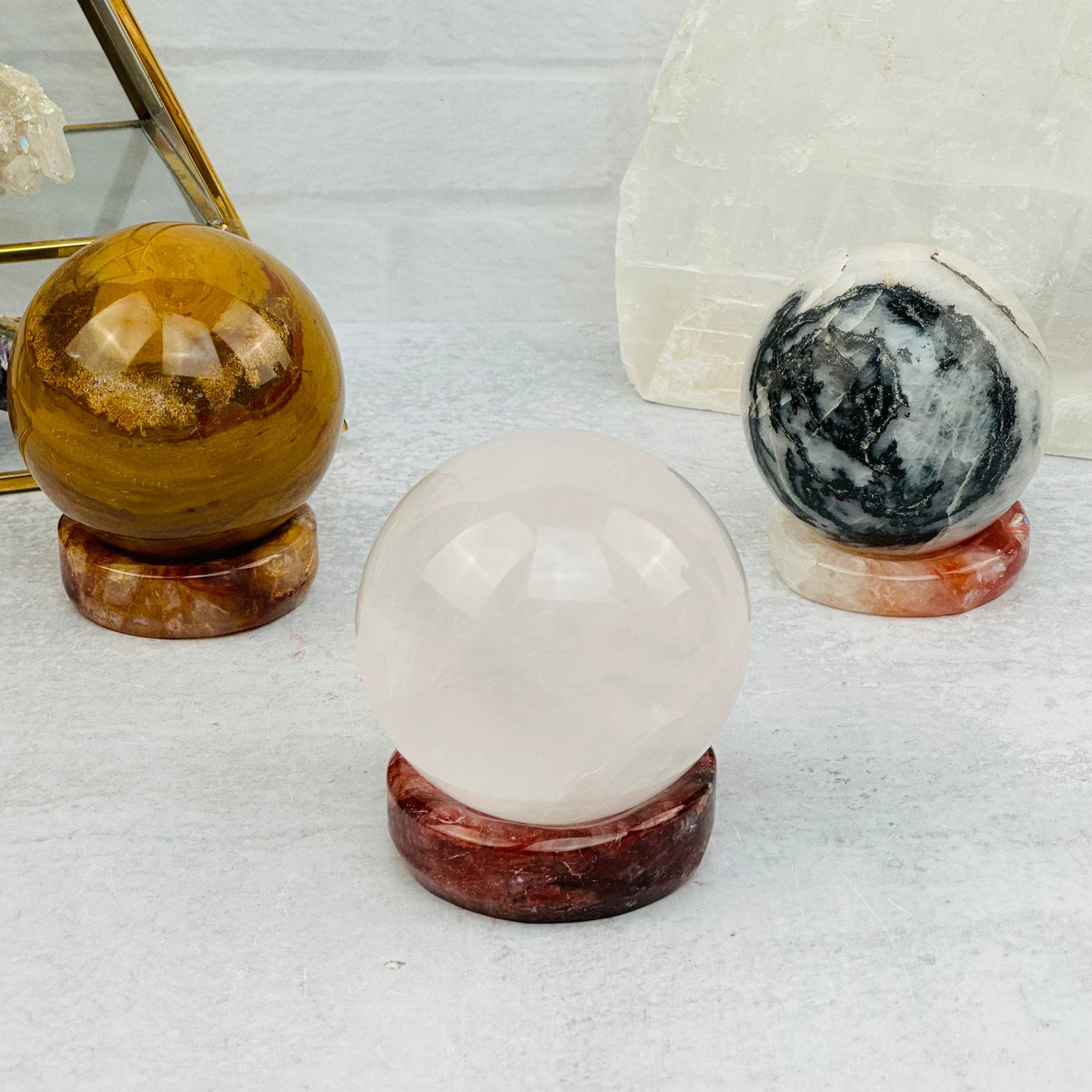 Fire Quartz Sphere Stands displayed as home decor 