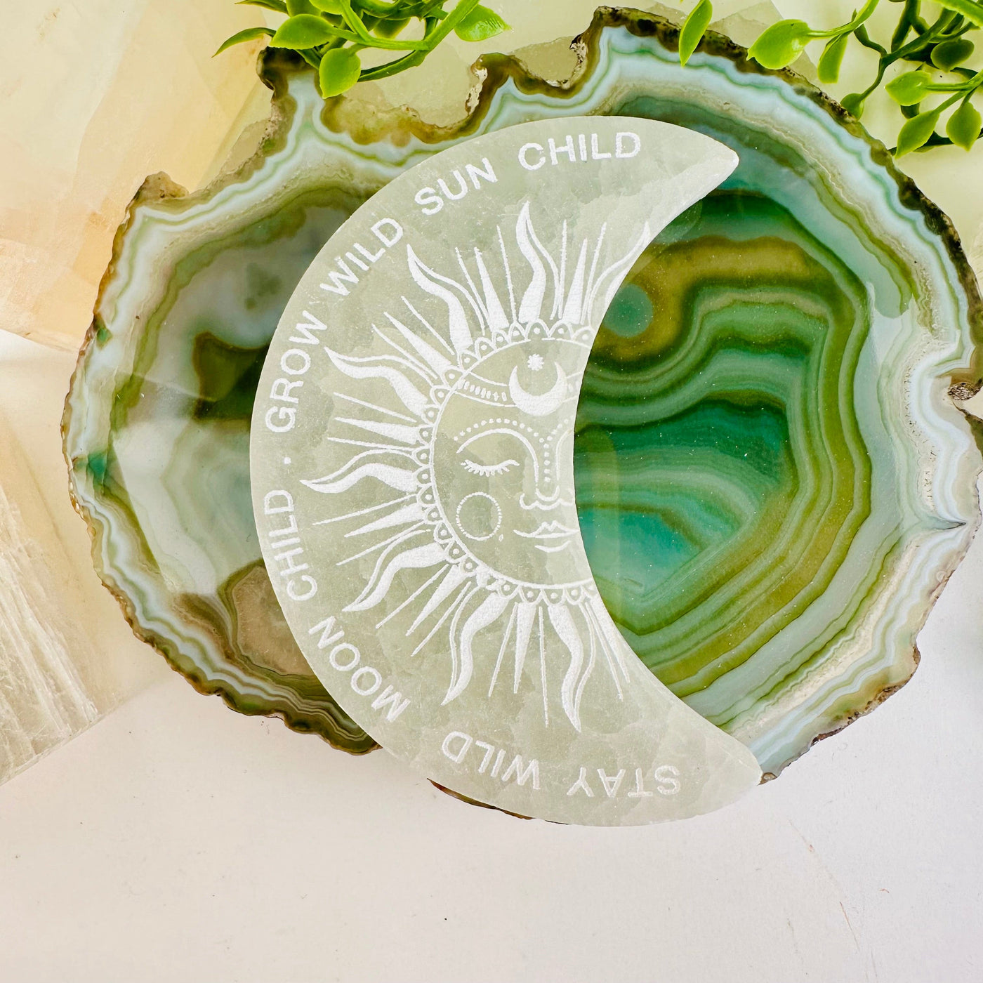 Selenite Moon Engraved Charging Plate - Sun and Moon Design - top view