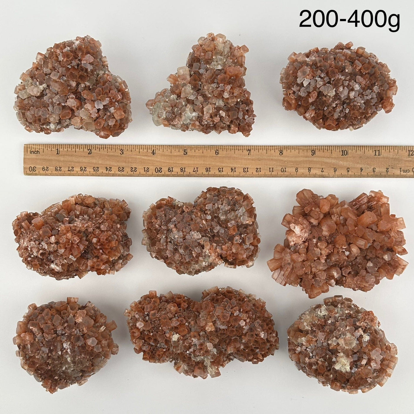 multiple aragonite crystal clusters displayed next to a ruler for size reference 
