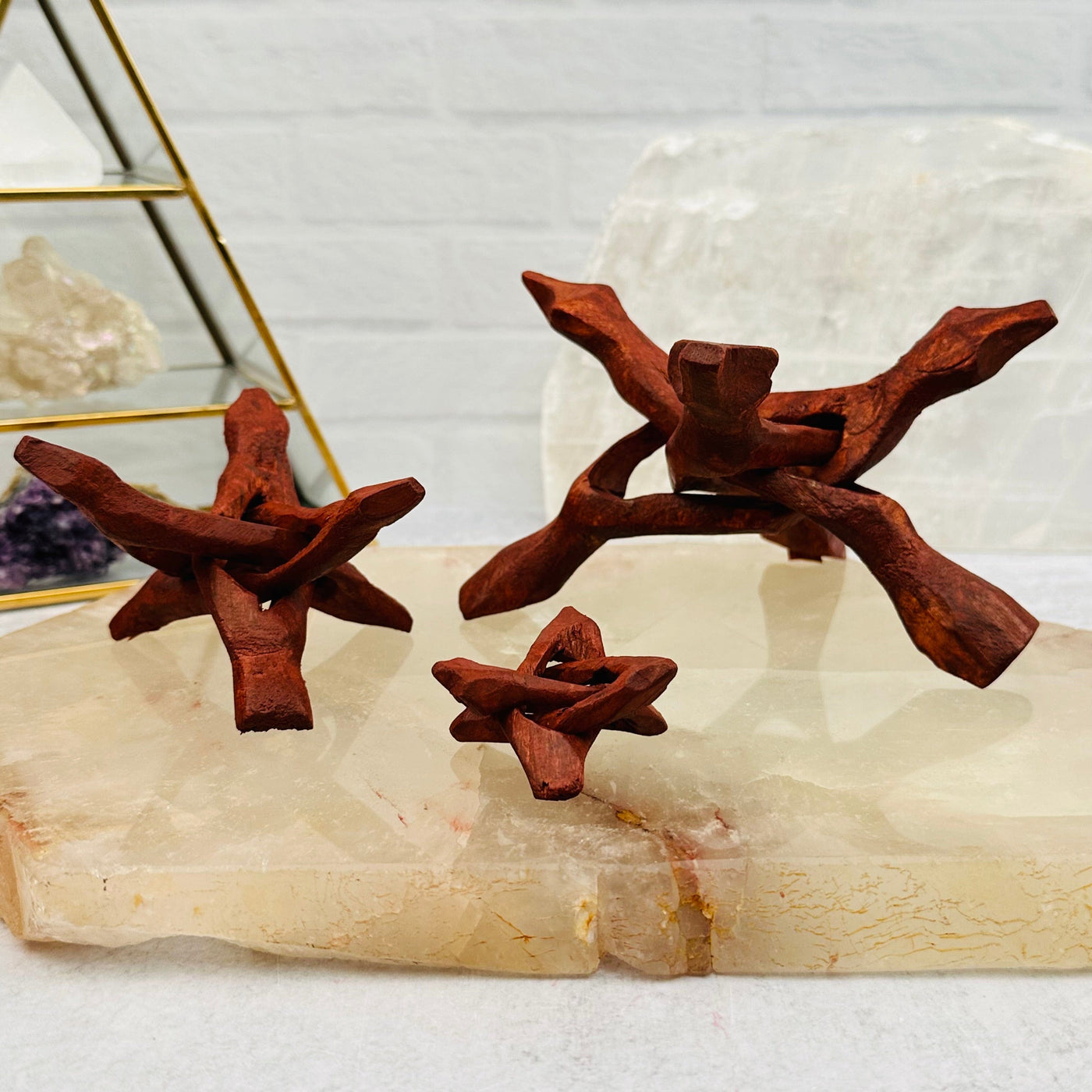 wooden stands can hold crystals and gemstone clusters 