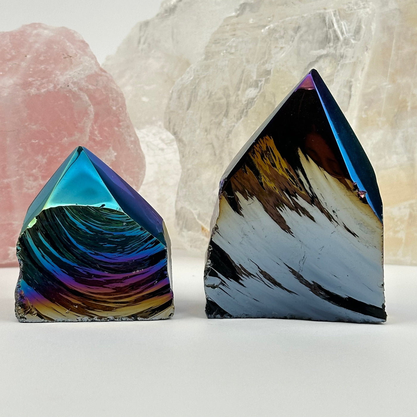 Rainbow Titanium Black Obsidian Crystal Semi Polished Points displayed as home decor 