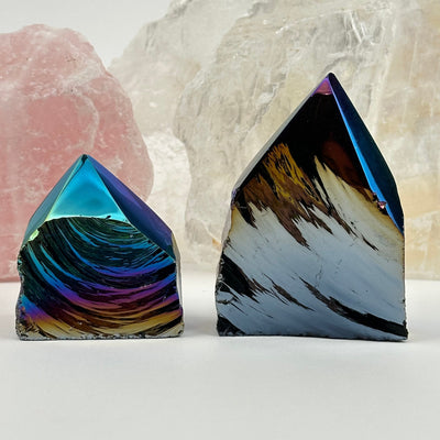 Rainbow Titanium Black Obsidian Crystal Semi Polished Points displayed as home decor 