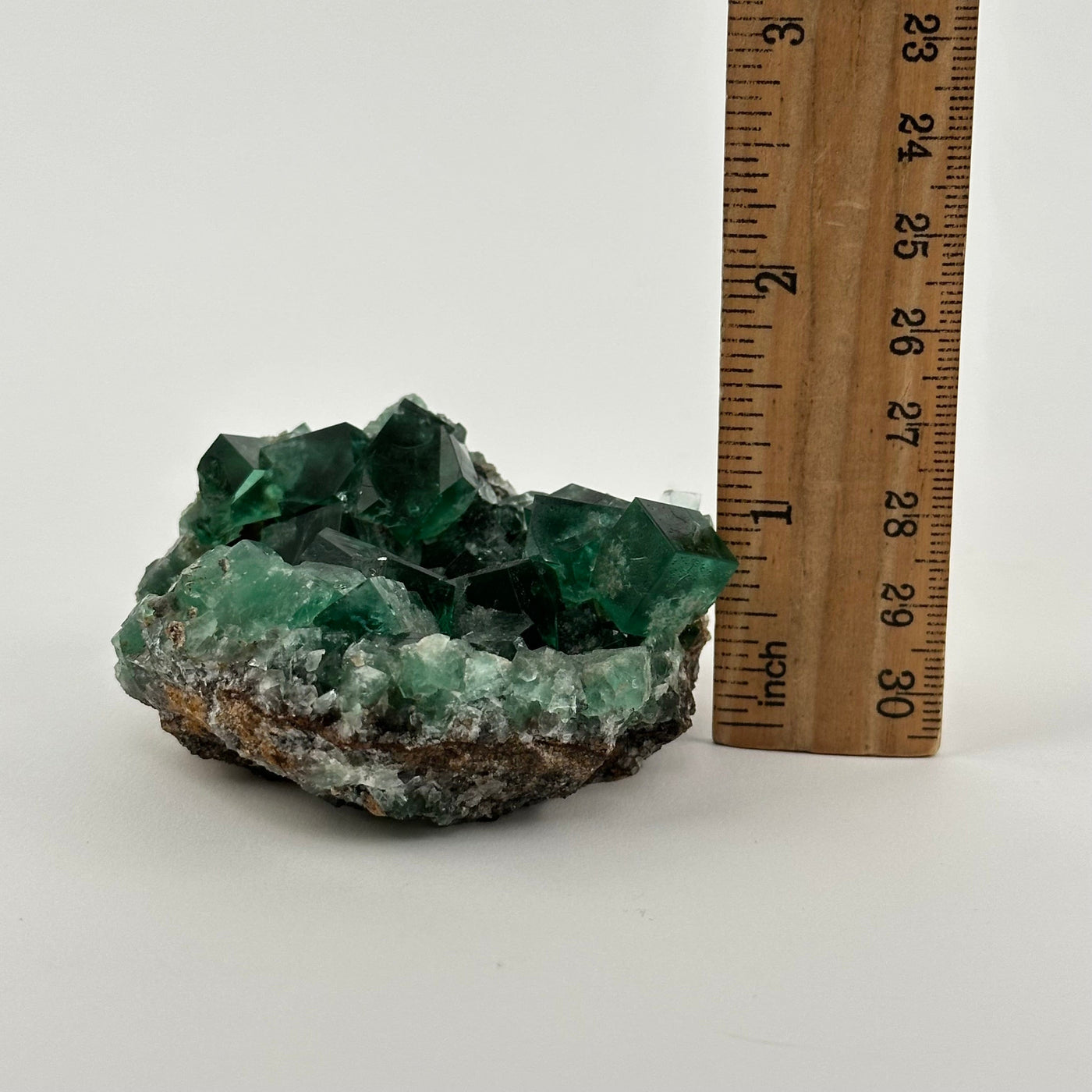  Cubic Fluorite Crystal Cluster - High Grade Formation - displayed next to a ruler for size reference 