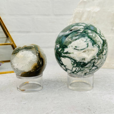 Moss Agate Spheres displayed as home decor 