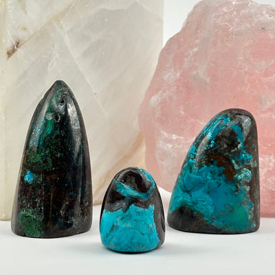 Chrysocolla Crystal Cut Bases from Peru displayed as home decor