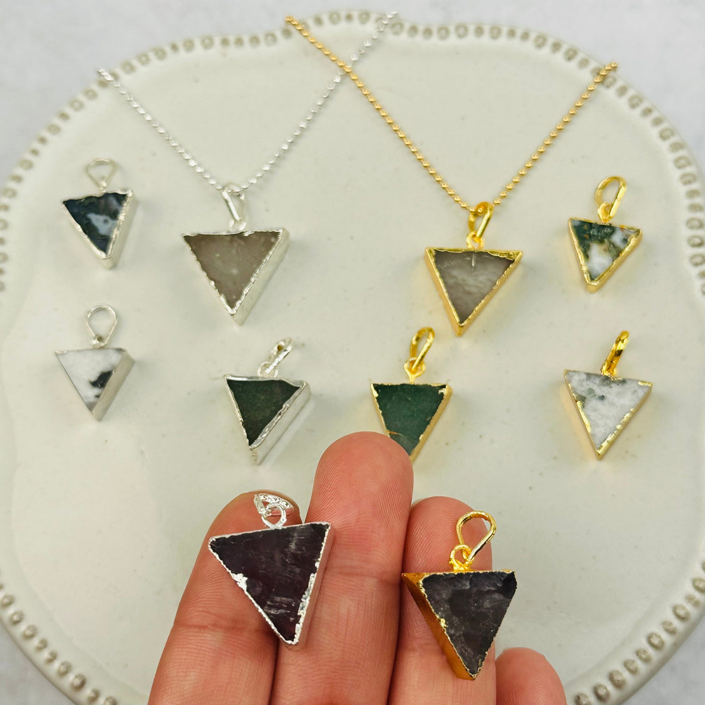 Gemstone Triangle Pendant with Electroplated 24k Gold or Silver Edge