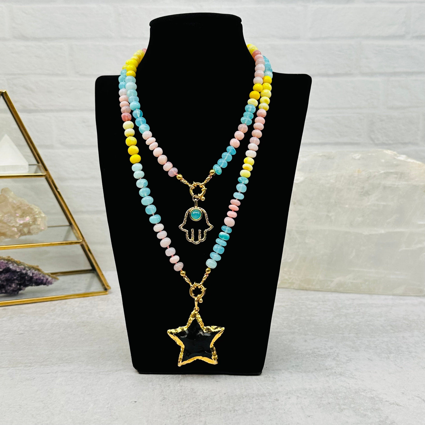Multi-Colored Opal Candy Necklaces displayed with charms 